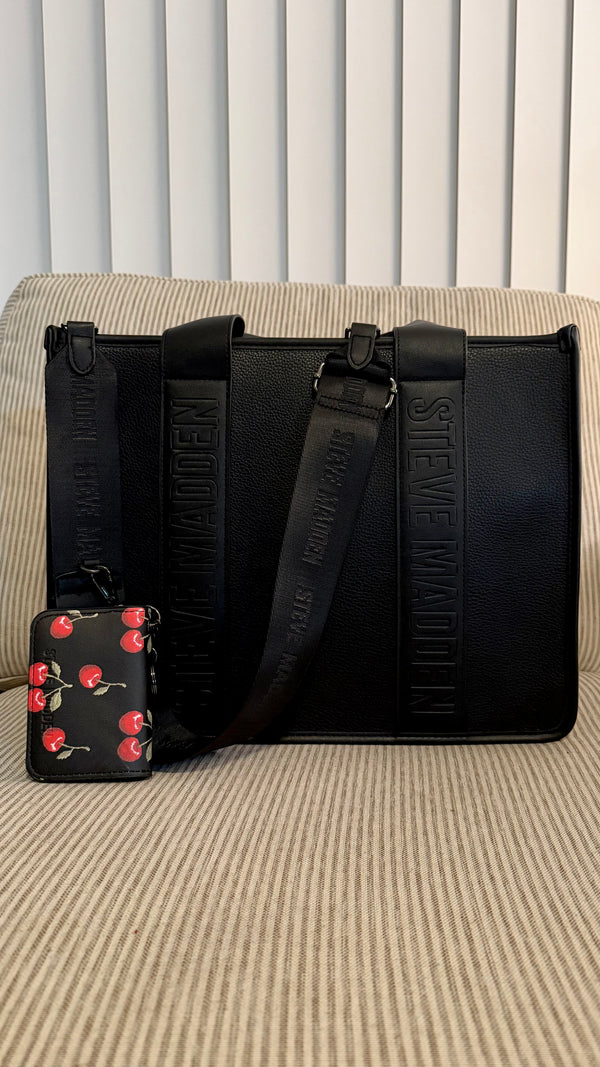 Steve Madden Tote Bag Cherry Card Holder Black